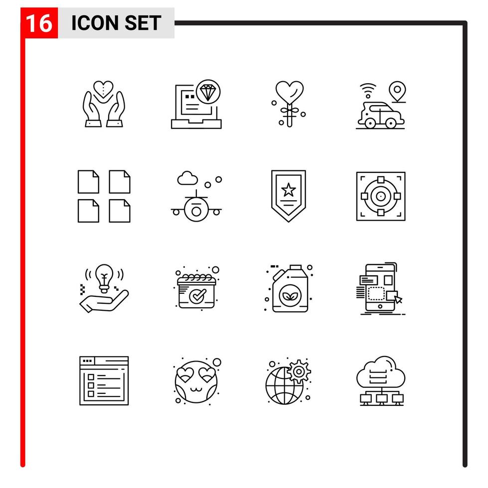 Universal Icon Symbols Group of 16 Modern Outlines of technology location coding car valentines day Editable Vector Design Elements