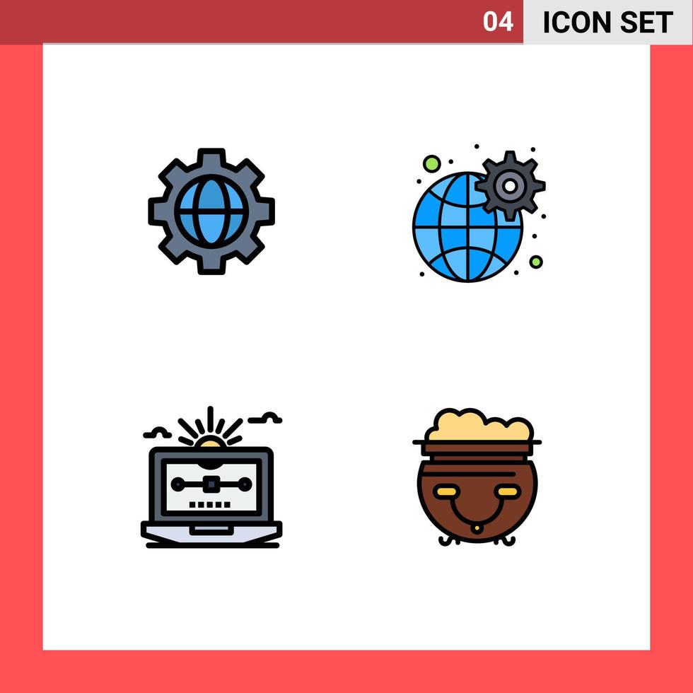 conjunto moderno de 4 colores planos de línea rellena pictograma de configuración de engranaje de vector de engranaje dibujar elementos de diseño de vector editables