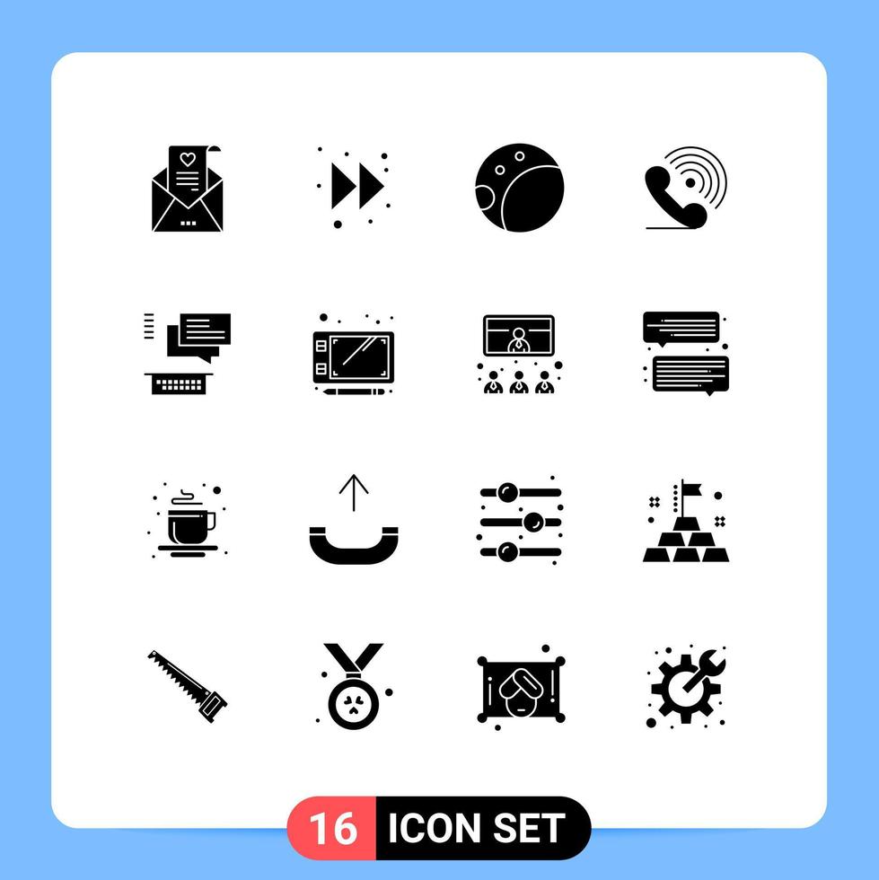 Group of 16 Modern Solid Glyphs Set for support conversation moon chat ring Editable Vector Design Elements