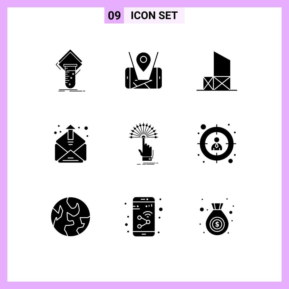 Set of 9 Vector Solid Glyphs on Grid for mailing email technology contact rescue Editable Vector Design Elements