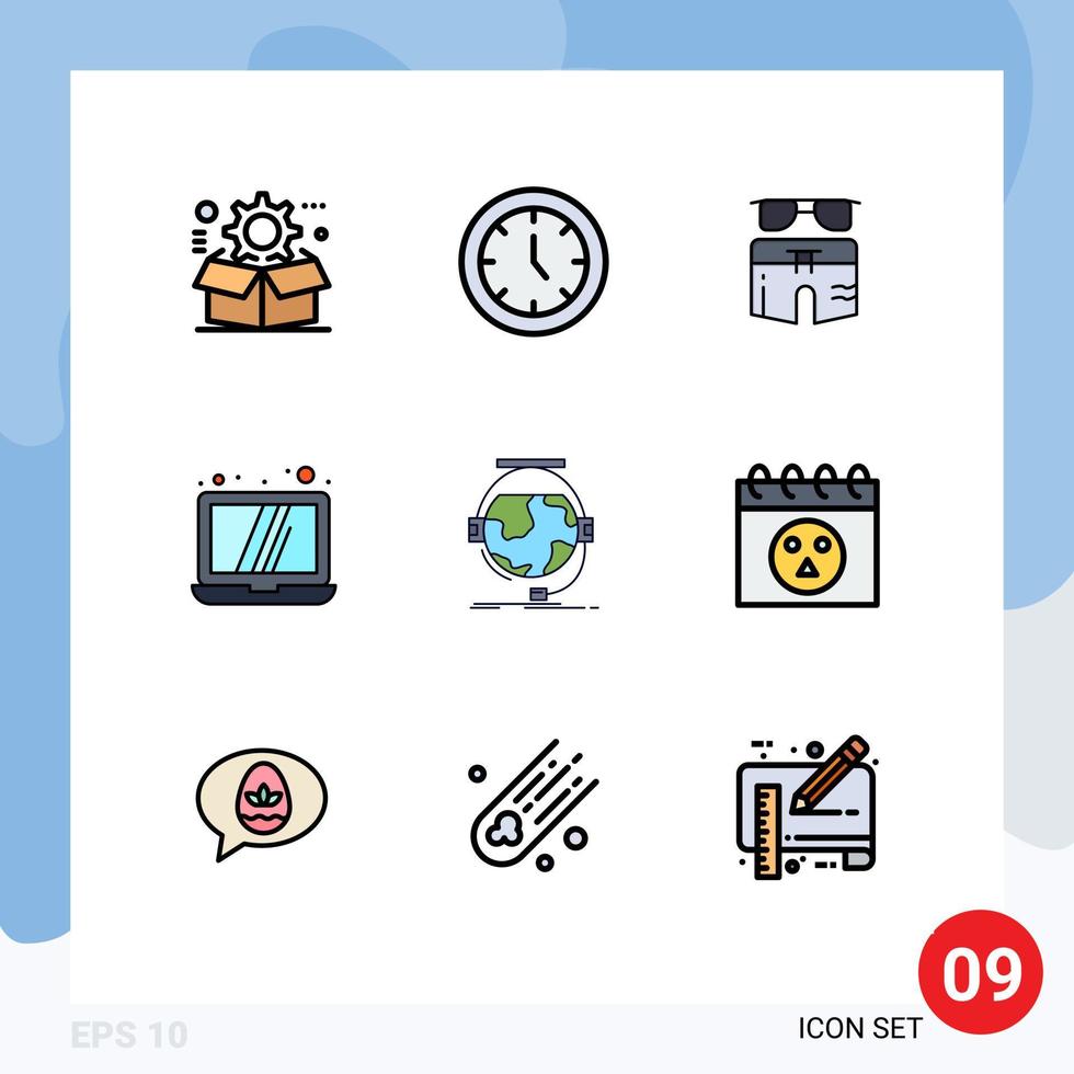 Pack of 9 creative Filledline Flat Colors of consultation laptop time computer beach Editable Vector Design Elements