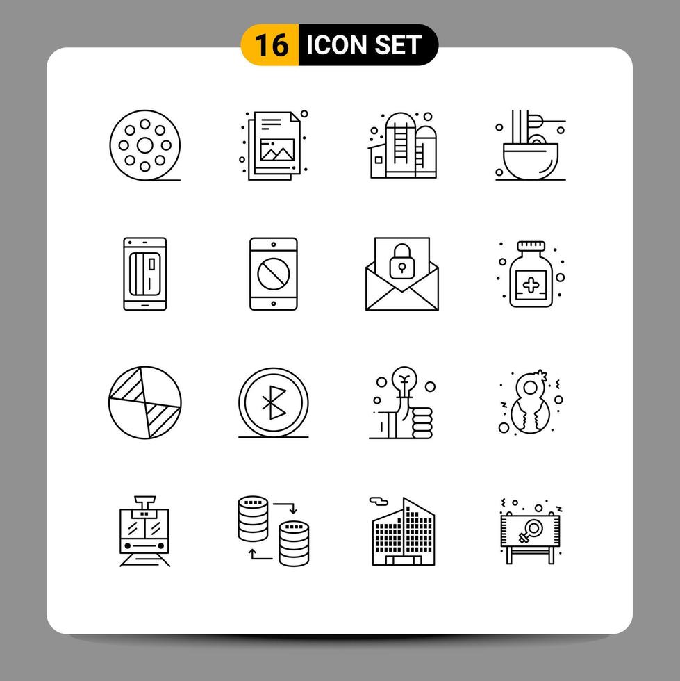 User Interface Pack of 16 Basic Outlines of card snack container meal drinks Editable Vector Design Elements