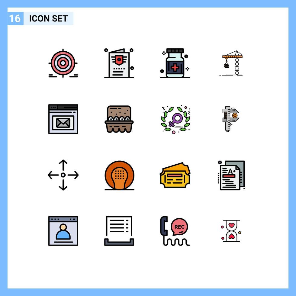 Modern Set of 16 Flat Color Filled Lines and symbols such as constructing building travel crane medical Editable Creative Vector Design Elements