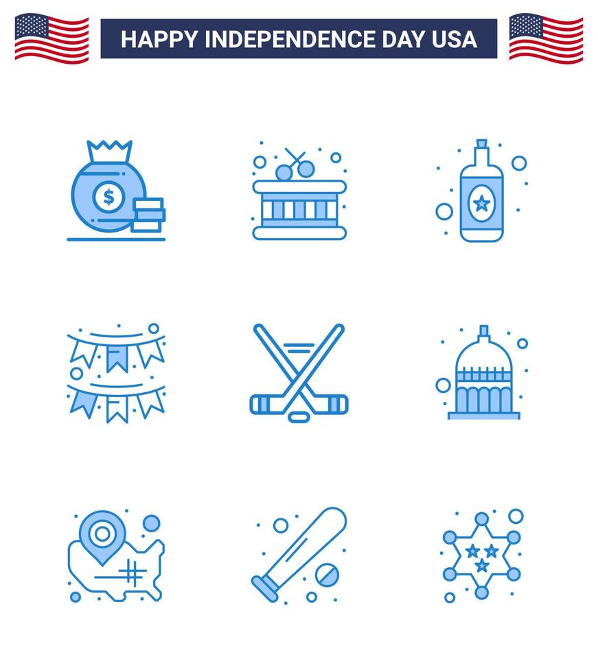 Editable Vector Line Pack of USA Day 9 Simple Blues of sport hokey bottle garland decoration Editable USA Day Vector Design Elements