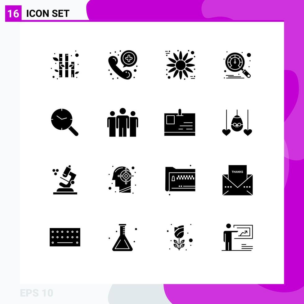 16 User Interface Solid Glyph Pack of modern Signs and Symbols of business watch sunflower research speedometer Editable Vector Design Elements