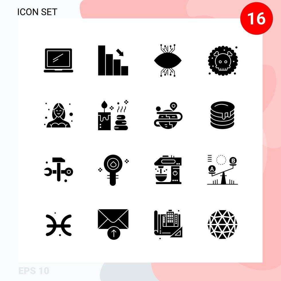 paquete de vectores de 16 iconos en un paquete de glifos creativos de estilo sólido aislado en fondo blanco para web y móvil