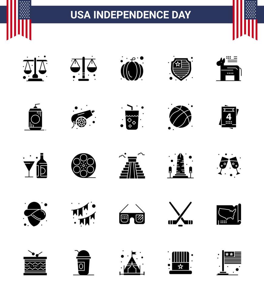 Modern Set of 25 Solid Glyph and symbols on USA Independence Day such as usa cola protection bottle political Editable USA Day Vector Design Elements