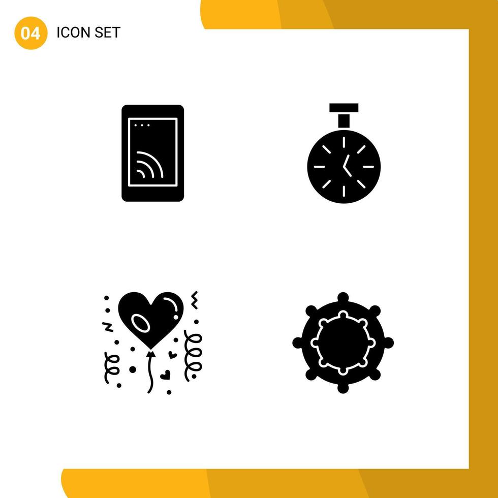 Set of 4 Commercial Solid Glyphs pack for mobile balloon service timer celebration Editable Vector Design Elements