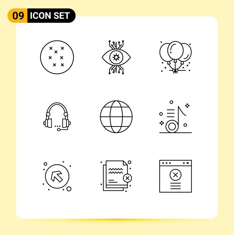 Set of 9 Modern UI Icons Symbols Signs for communication help celebration headset communication Editable Vector Design Elements