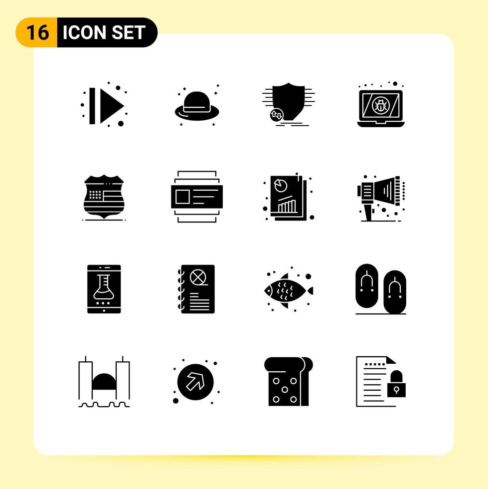 16 Universal Solid Glyphs Set for Web and Mobile Applications shield laptop finance device security Editable Vector Design Elements