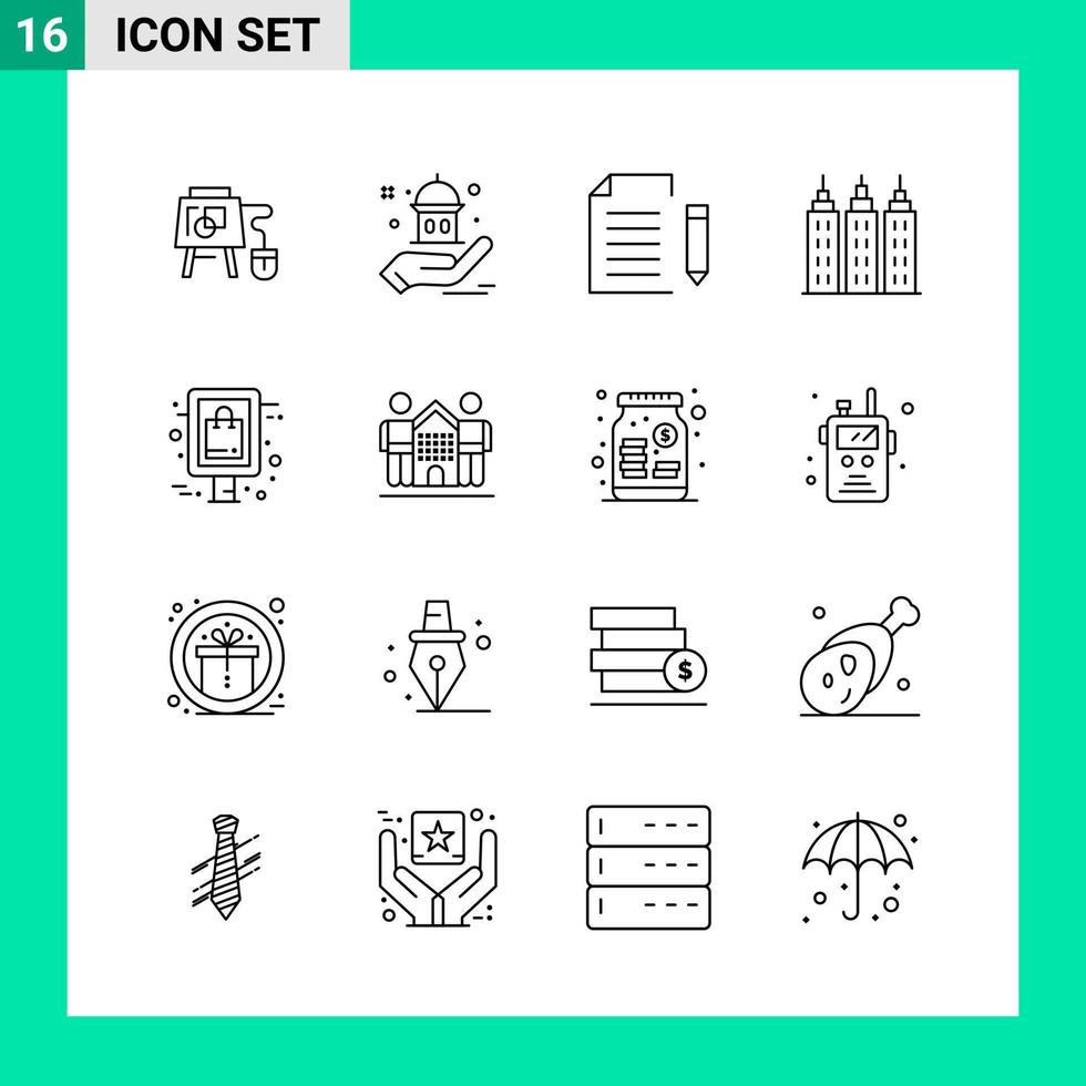 paquete de 16 iconos de estilo de línea establece símbolos de esquema para imprimir signos creativos aislados en fondo blanco vector