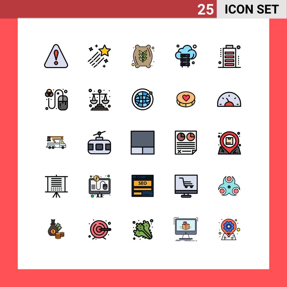 25 iconos creativos, signos y símbolos modernos de dispositivos, batería, tecnología alimentaria, servidor, elementos de diseño vectorial editables vector