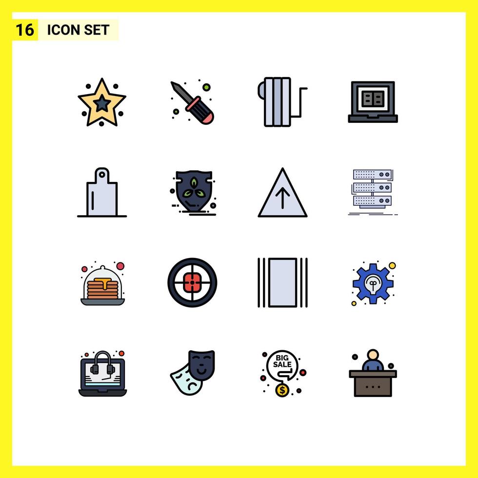 Pack of 16 Modern Flat Color Filled Lines Signs and Symbols for Web Print Media such as energy preparation heat food laptop Editable Creative Vector Design Elements