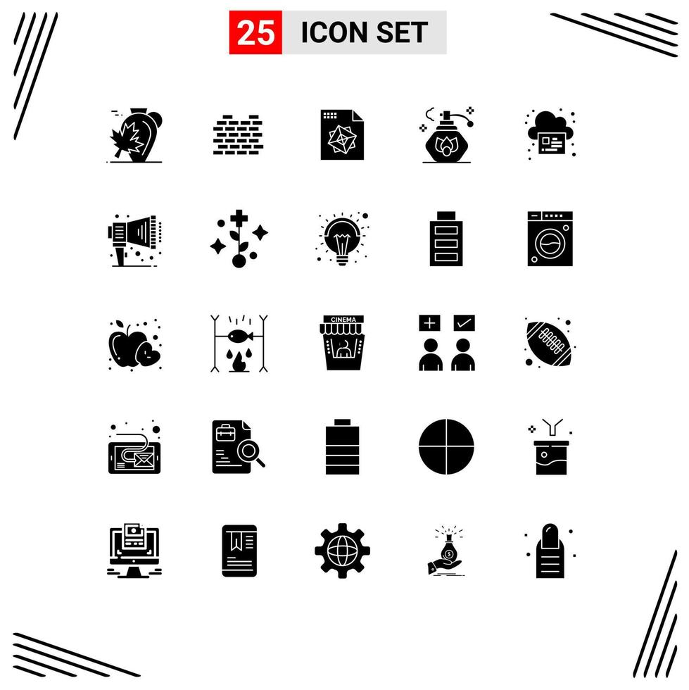 Group of 25 Modern Solid Glyphs Set for print online security clean cleaning Editable Vector Design Elements