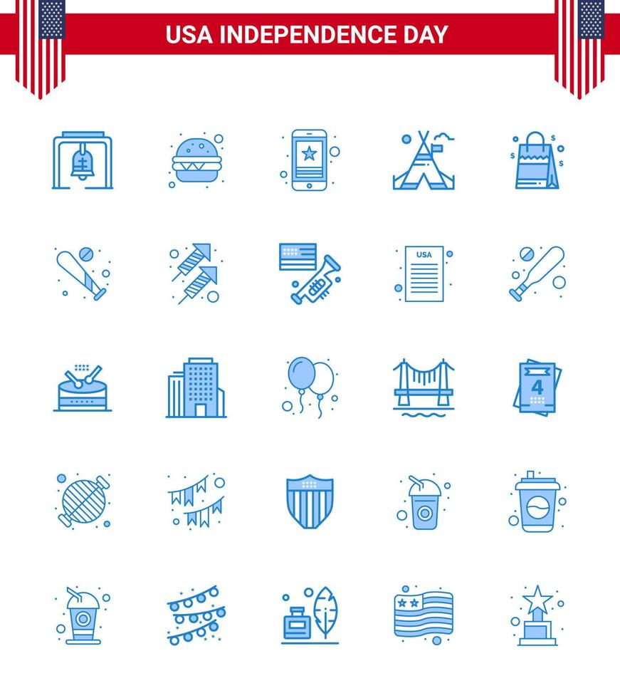 4th July USA Happy Independence Day Icon Symbols Group of 25 Modern Blues of handbag american star camp tent free Editable USA Day Vector Design Elements
