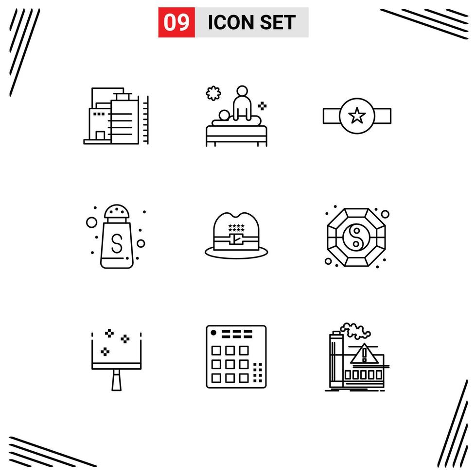 Modern Set of 9 Outlines Pictograph of hat sugar spa serve rank Editable Vector Design Elements