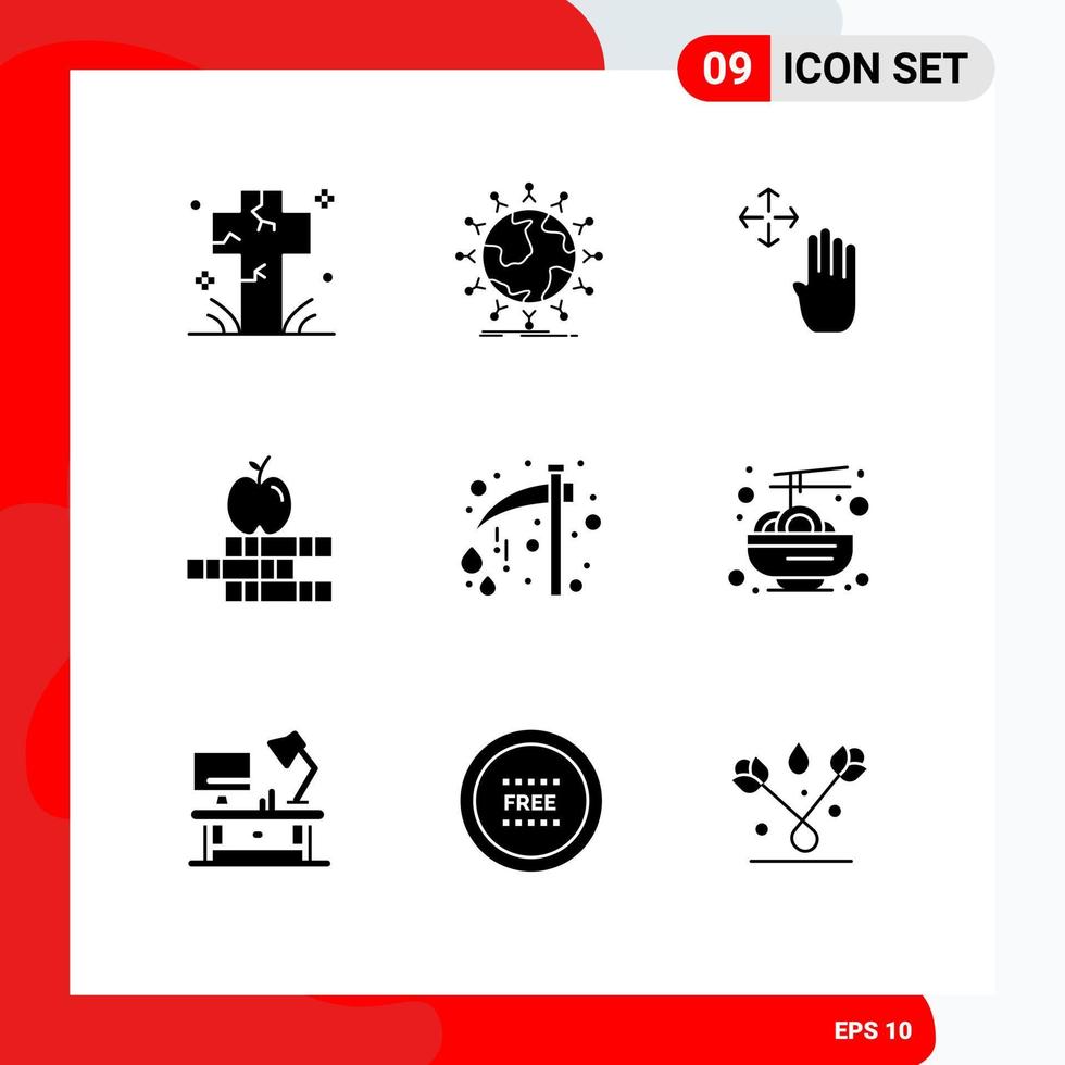 Group of 9 Solid Glyphs Signs and Symbols for axe books globe apple up Editable Vector Design Elements