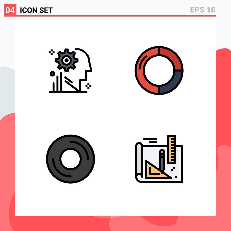 Group of 4 Modern Filledline Flat Colors Set for mind computers gear chart disc Editable Vector Design Elements