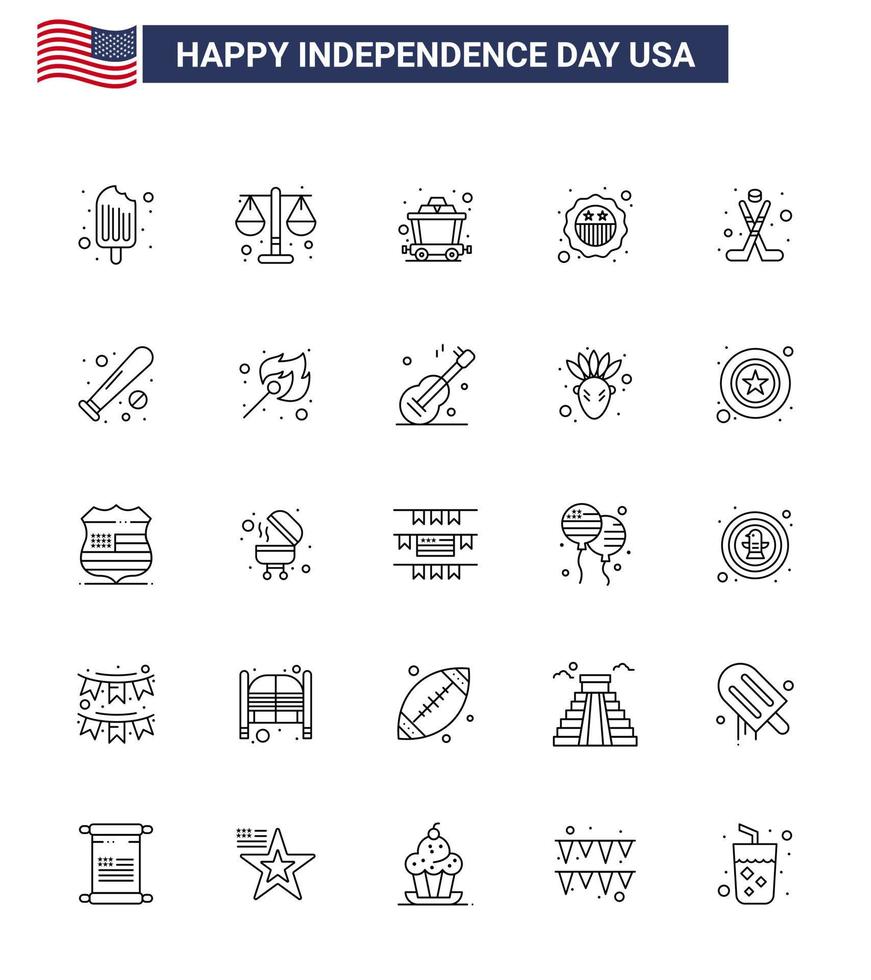 25 iconos creativos de EE. UU. Signos de independencia modernos y símbolos del 4 de julio de seguridad de bandera de carro americano de hielo Elementos de diseño de vector de día de EE. UU. editables