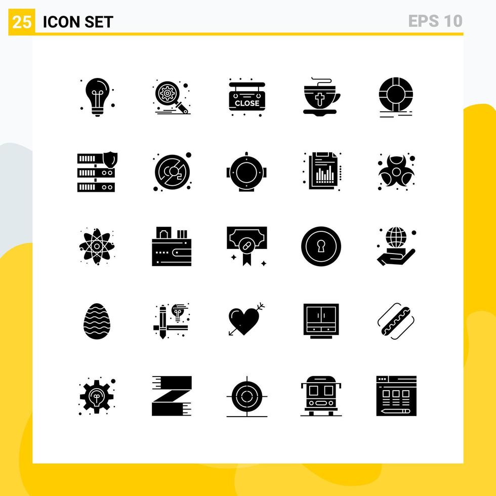 Mobile Interface Solid Glyph Set of 25 Pictograms of lifebuoy circle market hot cup Editable Vector Design Elements