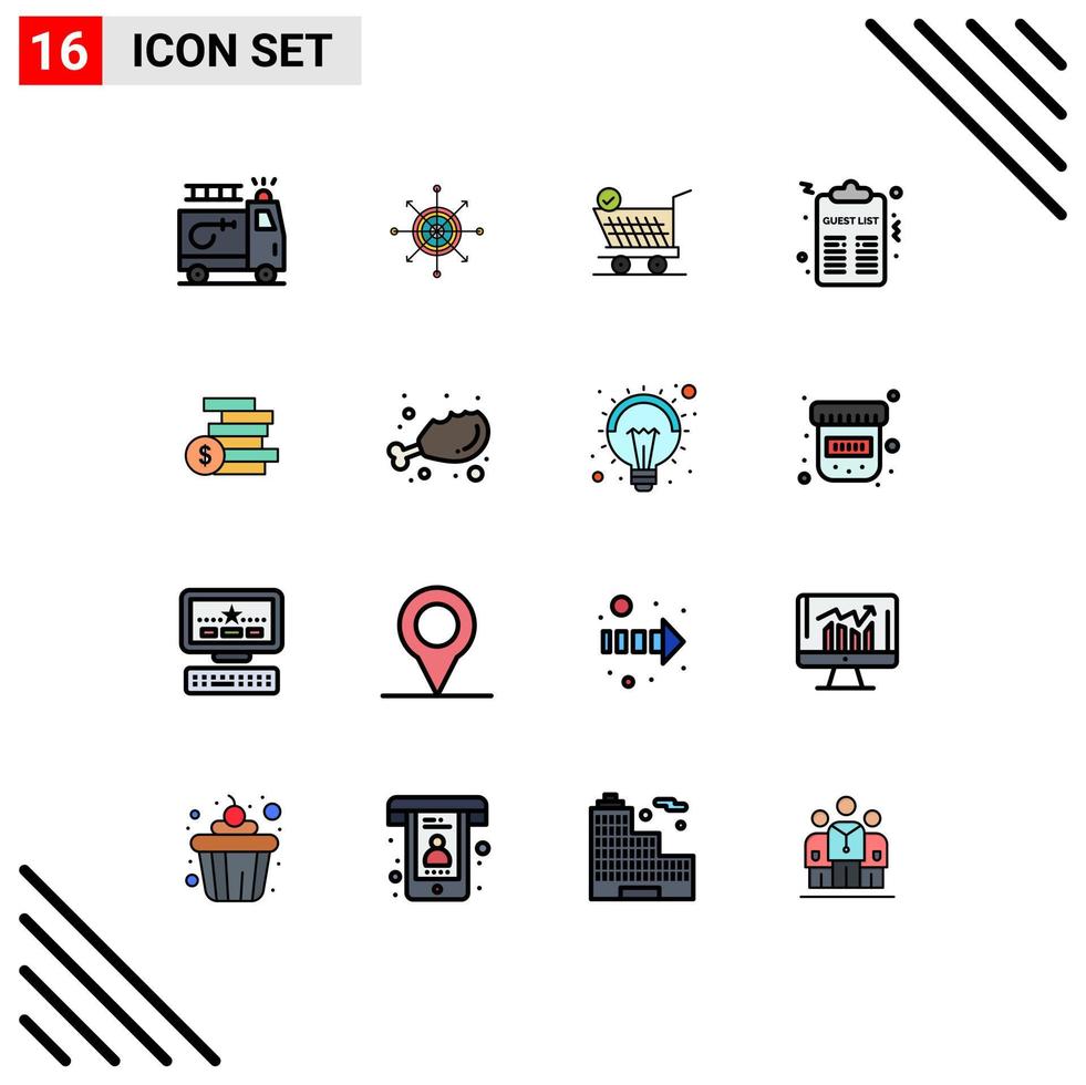 Pack of 16 creative Flat Color Filled Lines of coins money party target night cart Editable Creative Vector Design Elements