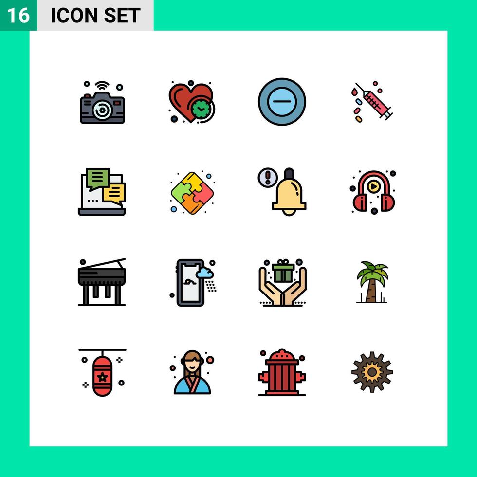 Group of 16 Flat Color Filled Lines Signs and Symbols for internet treatment time vaccine injection Editable Creative Vector Design Elements