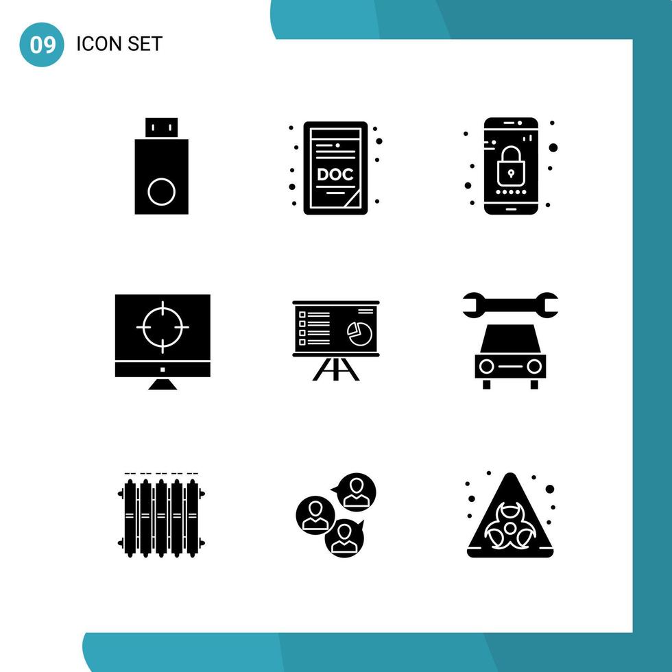 Vector Pack of 9 Glyph Symbols Solid Style Icon Set on White Background for Web and Mobile