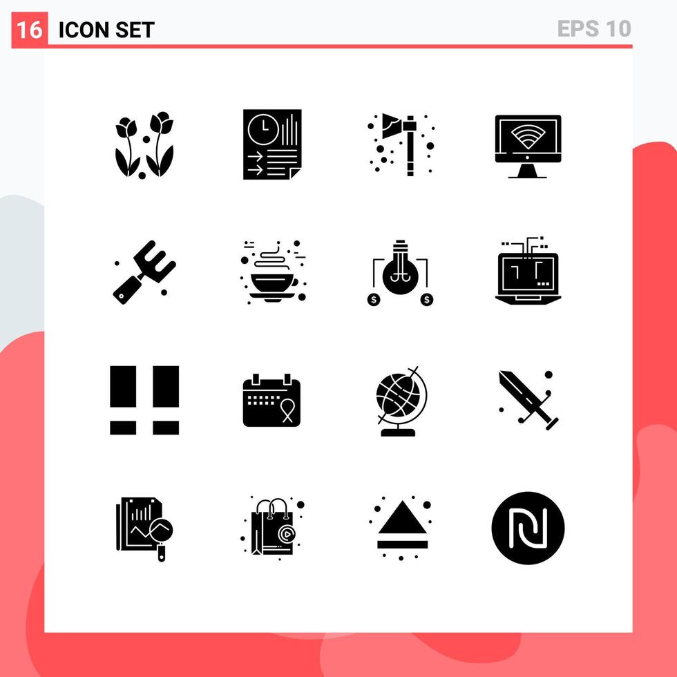 Modern Set of 16 Solid Glyphs Pictograph of signal monitor paper computer halloween Editable Vector Design Elements