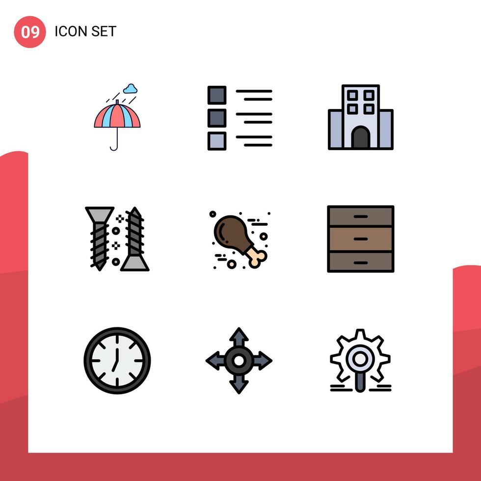 Mobile Interface Filledline Flat Color Set of 9 Pictograms of self fastening construction menu travelling journey Editable Vector Design Elements