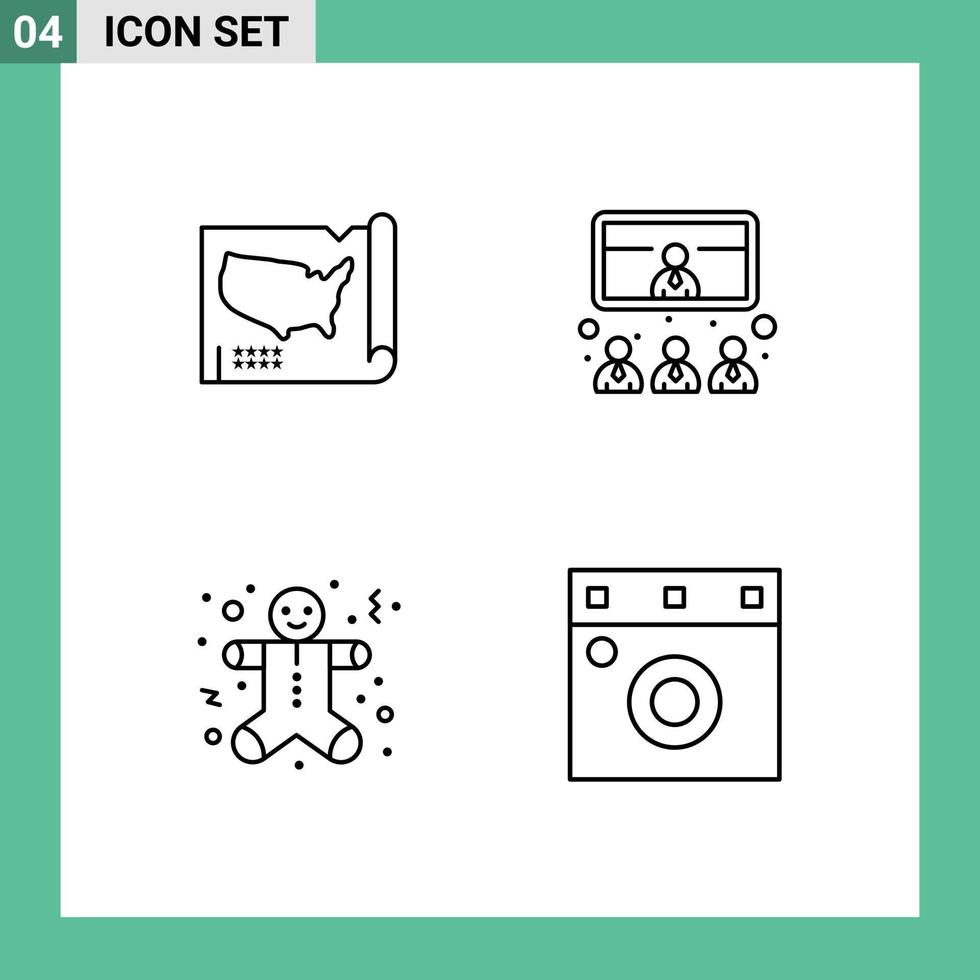 grupo de 4 signos y símbolos de colores planos de línea rellena para el mapa navidad usa reunión hombres de pan de jengibre elementos de diseño vectorial editables vector