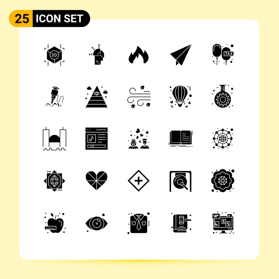 Group of 25 Solid Glyphs Signs and Symbols for payable duties heating charge paper plane Editable Vector Design Elements