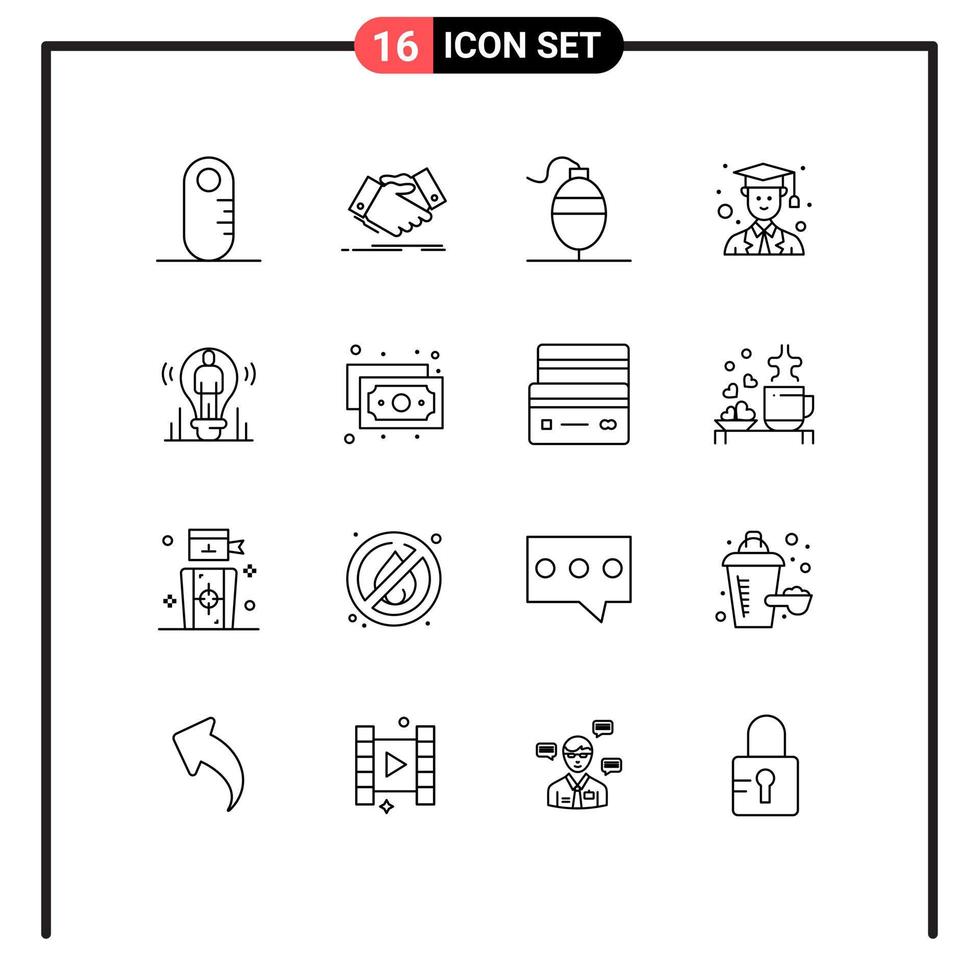 Stock Vector Icon Pack of 16 Line Signs and Symbols for person idea bobber bulb graduate Editable Vector Design Elements