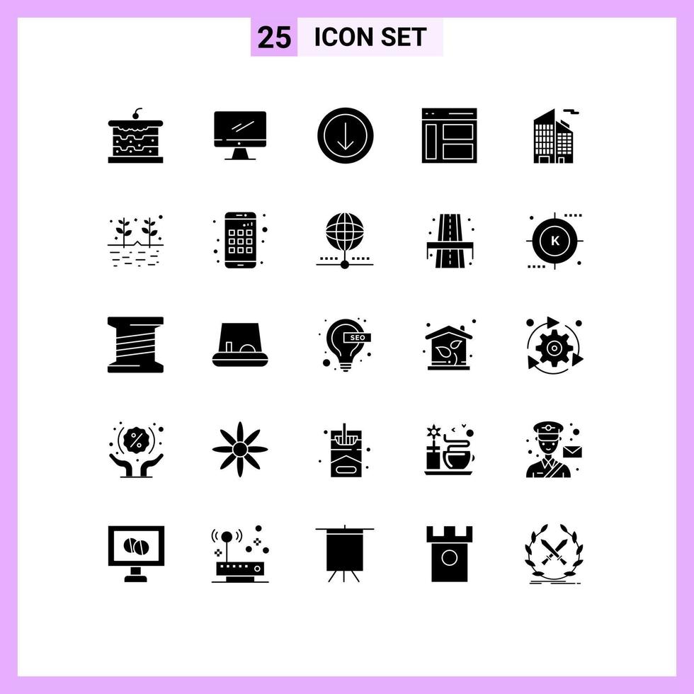 Pack of 25 Modern Solid Glyphs Signs and Symbols for Web Print Media such as building sidebar pc left communication Editable Vector Design Elements