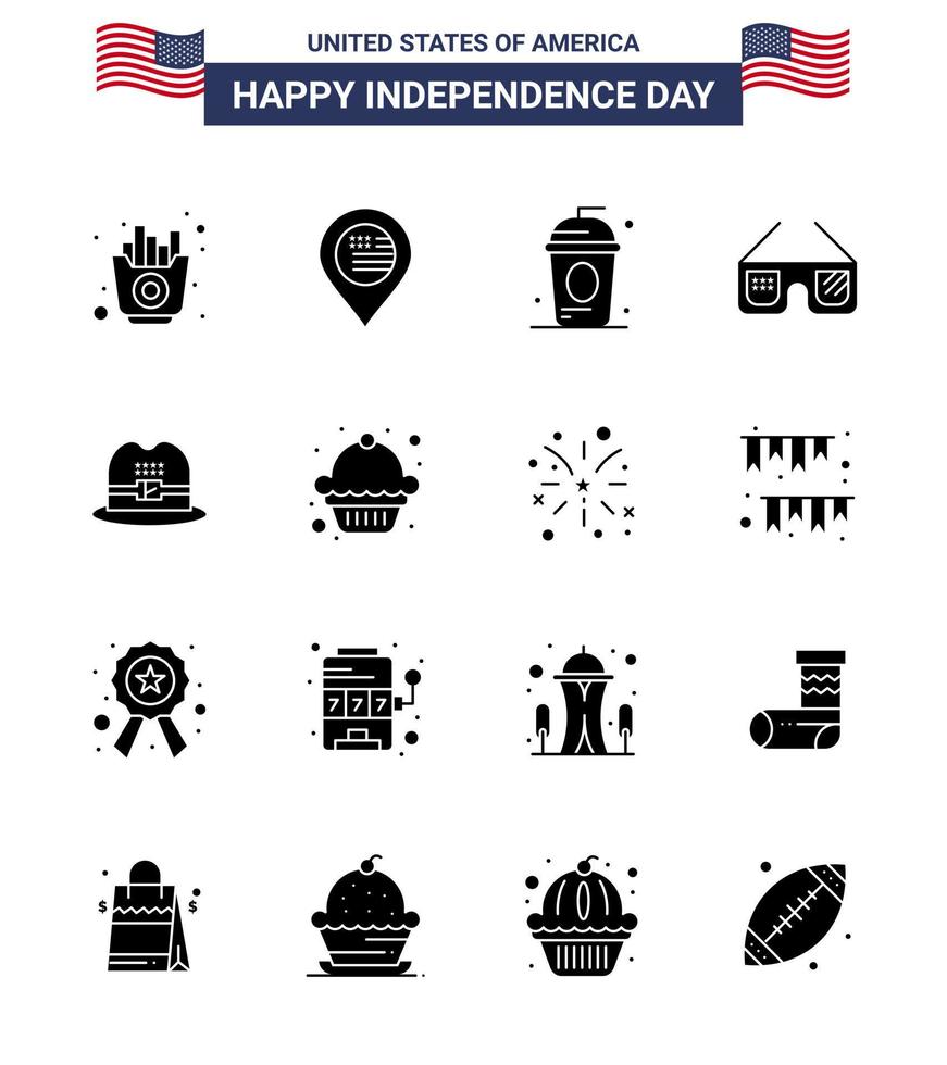 Solid Glyph Pack of 16 USA Independence Day Symbols of hat imerican cake glasses independece Editable USA Day Vector Design Elements