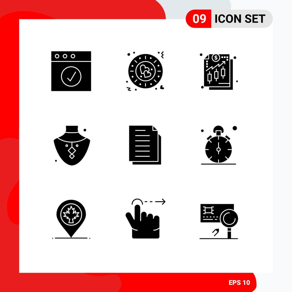 9 User Interface Solid Glyph Pack of modern Signs and Symbols of documents copy finance necklace gem Editable Vector Design Elements