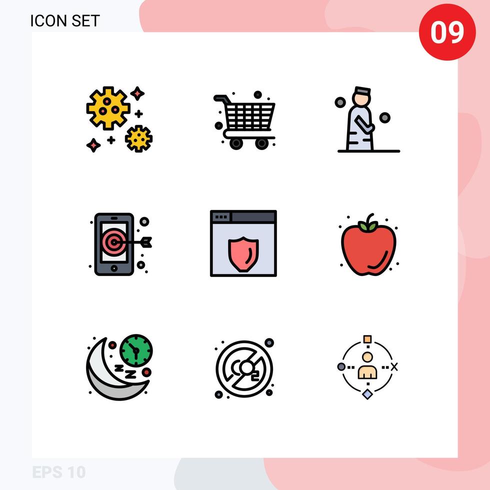 Set of 9 Modern UI Icons Symbols Signs for food security muslim web server target Editable Vector Design Elements