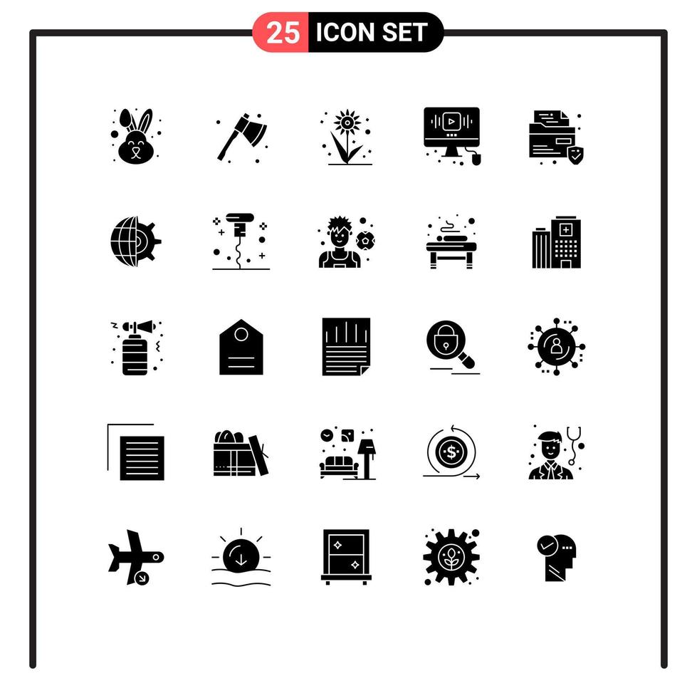Mobile Interface Solid Glyph Set of 25 Pictograms of file web farming online video Editable Vector Design Elements