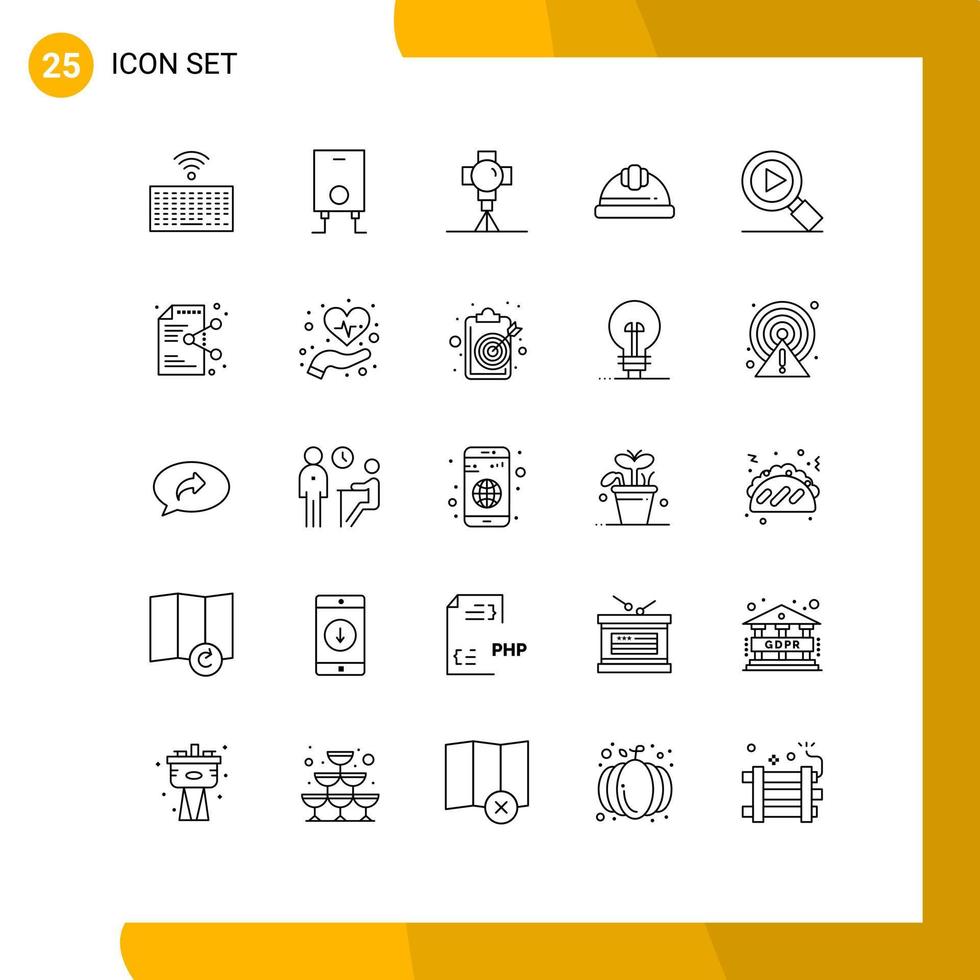 Mobile Interface Line Set of 25 Pictograms of search labour helmet film hard cap cap Editable Vector Design Elements