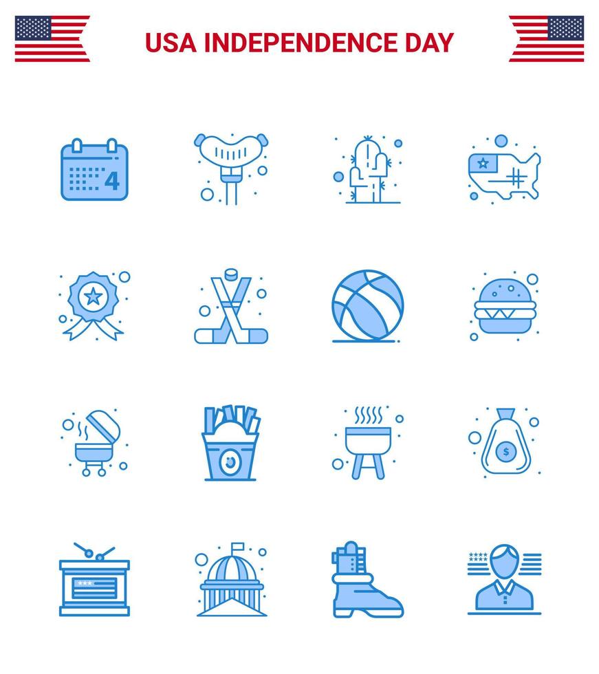 Pack of 16 USA Independence Day Celebration Blues Signs and 4th July Symbols such as star badge flower usa states Editable USA Day Vector Design Elements