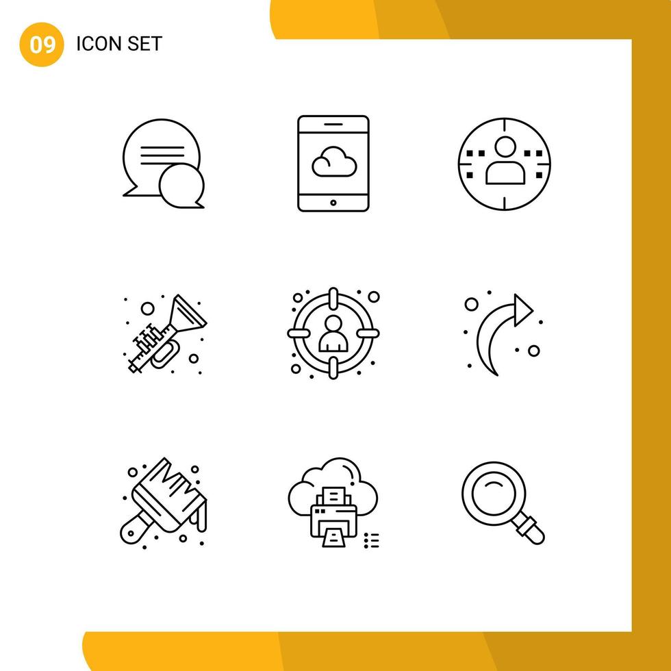 Set of 9 Modern UI Icons Symbols Signs for target hunting marketing head music Editable Vector Design Elements