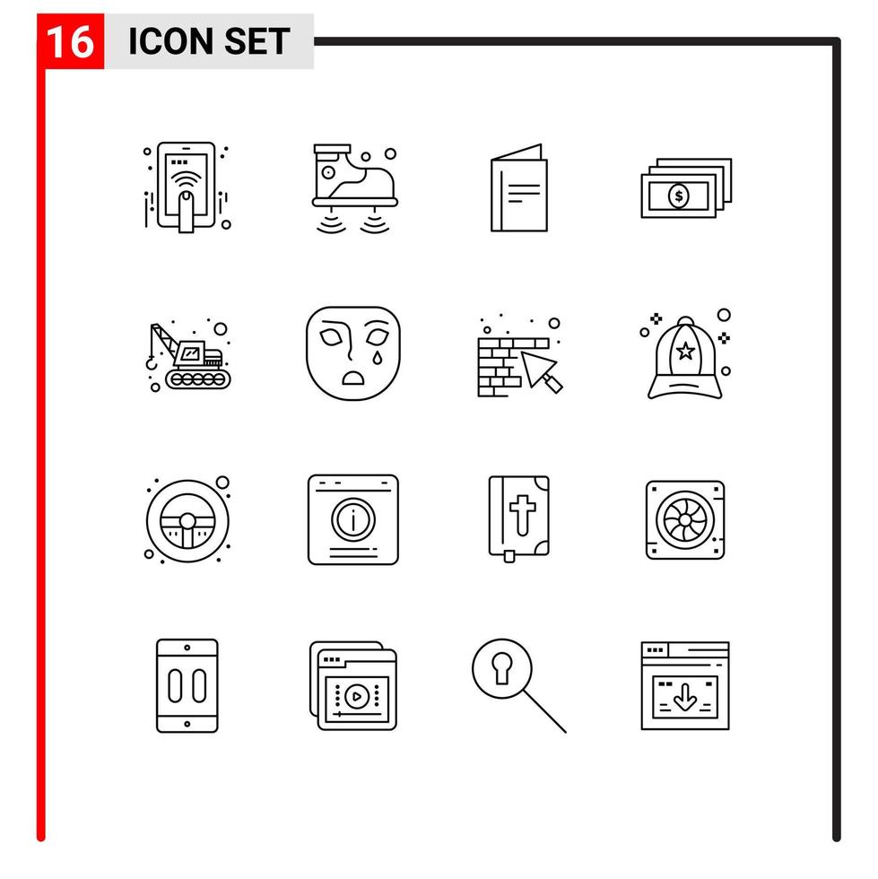 Universal Icon Symbols Group of 16 Modern Outlines of transport excavator menu cash dollar Editable Vector Design Elements