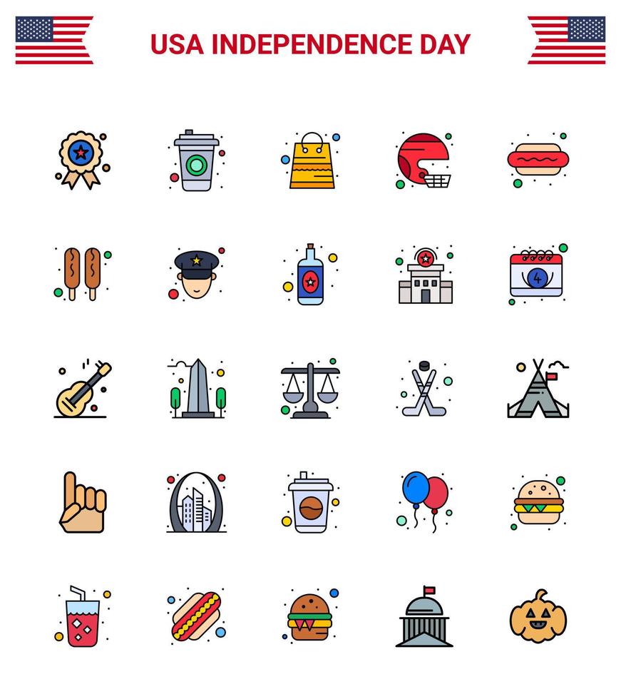 25 USA Flat Filled Line Signs Independence Day Celebration Symbols of hot dog state money sport football Editable USA Day Vector Design Elements