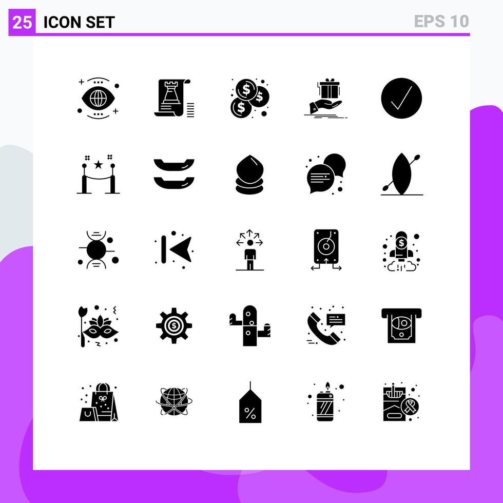 Group of 25 Modern Solid Glyphs Set for birthday solution planning surprise investment Editable Vector Design Elements