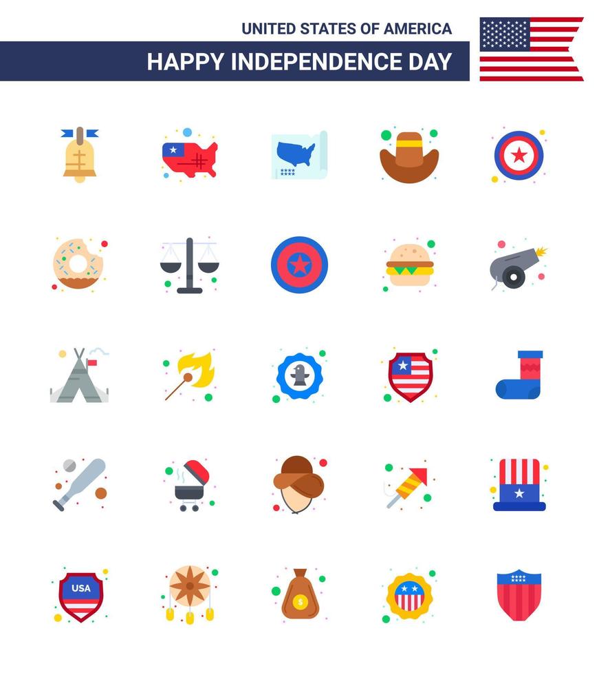 4 de julio estados unidos feliz día de la independencia icono símbolos grupo de 25 pisos modernos de comida redondo americano donut estrella editable día de estados unidos elementos de diseño vectorial vector