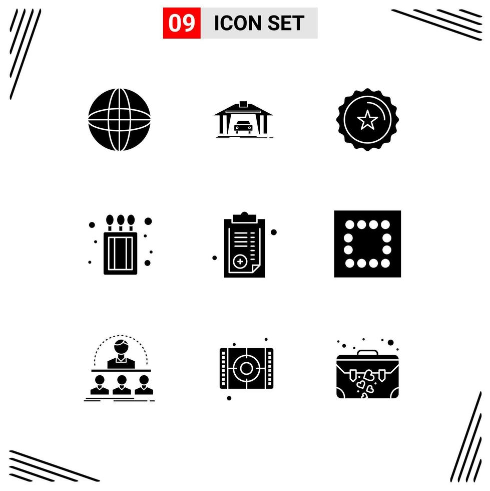 Pack of 9 Modern Solid Glyphs Signs and Symbols for Web Print Media such as prescription hospital discount document fire Editable Vector Design Elements