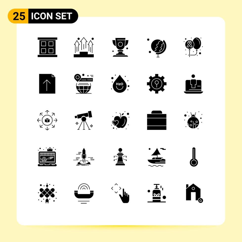 User Interface Pack of 25 Basic Solid Glyphs of day balloons achievement globe earth Editable Vector Design Elements