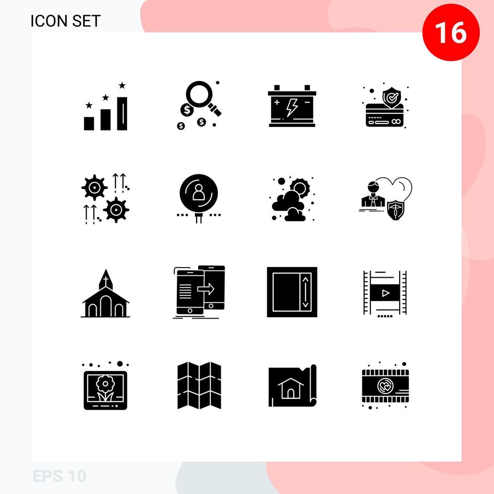 User Interface Pack of 16 Basic Solid Glyphs of wheel gear battery setting payment Editable Vector Design Elements