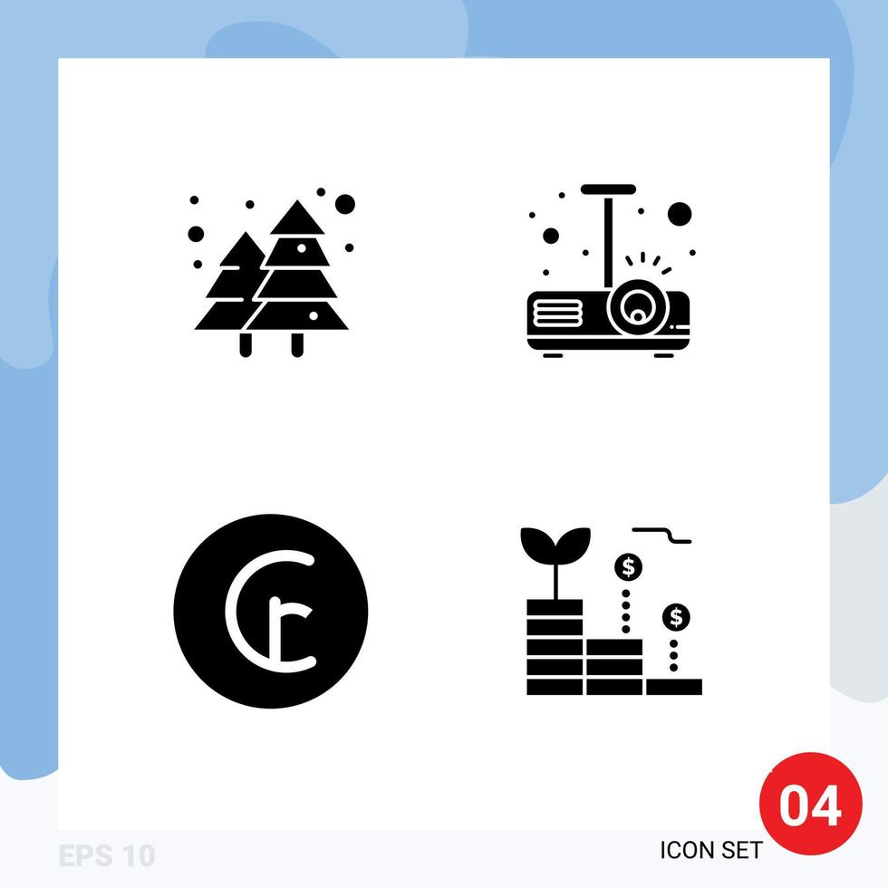 Pack of 4 Modern Solid Glyphs Signs and Symbols for Web Print Media such as plant cash park projector money Editable Vector Design Elements