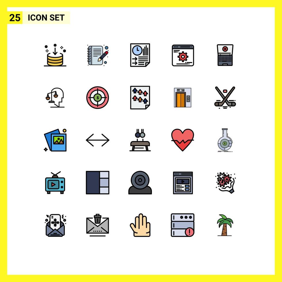 User Interface Pack of 25 Basic Filled line Flat Colors of laptop gear bars development report Editable Vector Design Elements