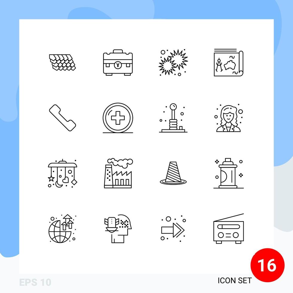 Pack of 16 Modern Outlines Signs and Symbols for Web Print Media such as book travel portfolio map day Editable Vector Design Elements